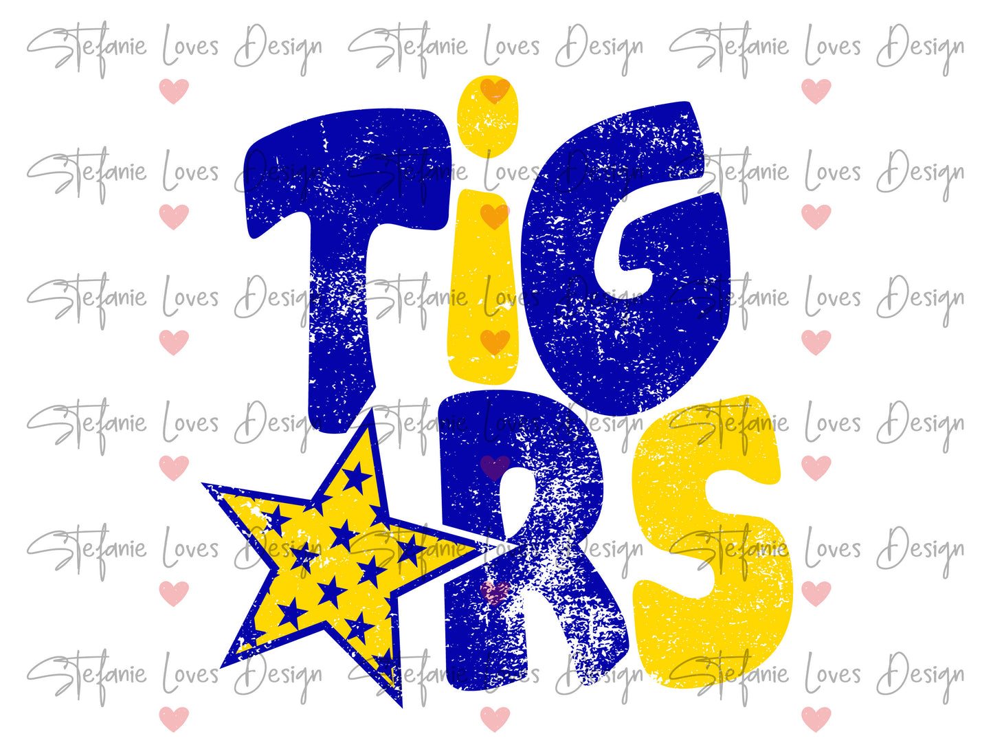 Tigers Distressed Star PNG, Tigers png, Retro Letter Digital Design, Tigers Blue and Yellow Mascot