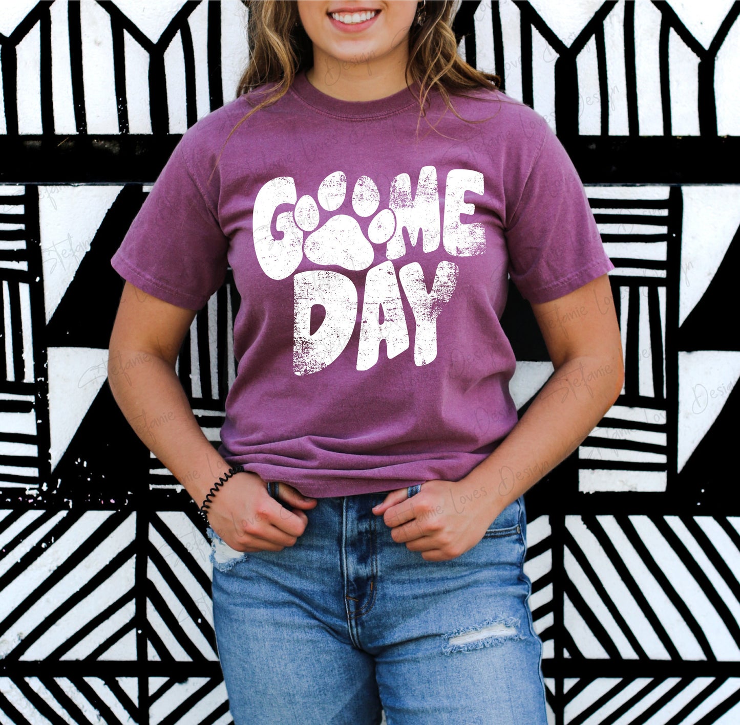 Game Day Paw png, Distressed Game Day png, png, Digital Design Black and White Version